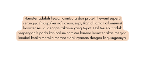 Hamster adalah hewan omnivora dan protein hewani seperti serangga hidup kering ayam sapi ikan dll aman dikonsumsi hamster sesuai dengan takaran yang tepat Hal tersebut tidak berpengaruh pada kanibalism hamster karena hamster akan menjadi kanibal ketika mereka merasa tidak nyaman dengan lingkungannya
